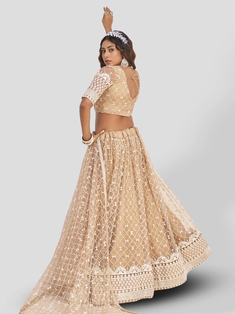 Fabulous Beige Thread Embroidery Net Wedding wear Lehenga Choli