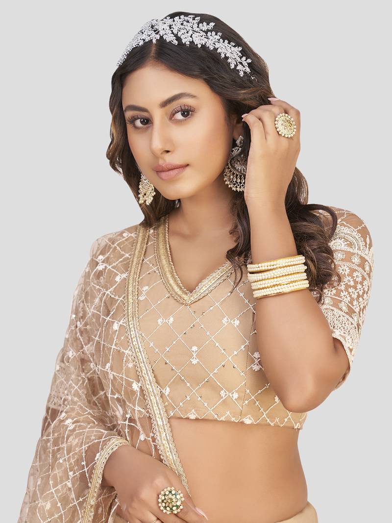 Fabulous Beige Thread Embroidery Net Wedding wear Lehenga Choli