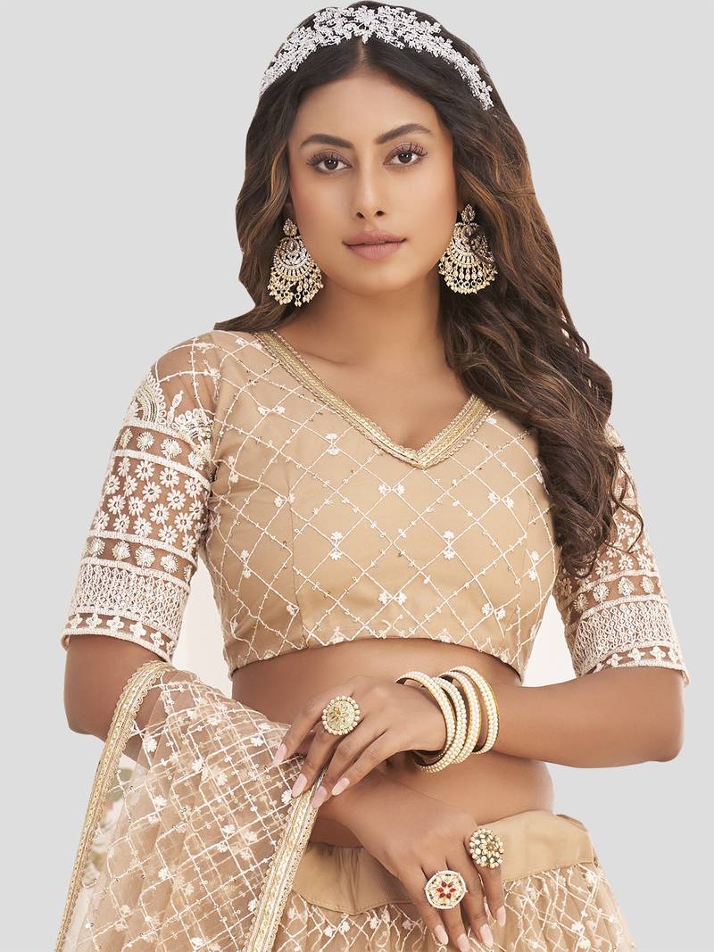 Fabulous Beige Thread Embroidery Net Wedding wear Lehenga Choli
