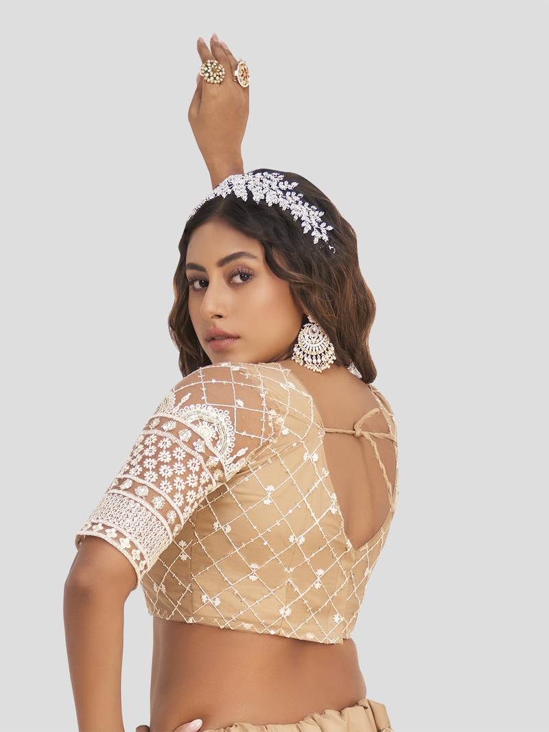 Fabulous Beige Thread Embroidery Net Wedding wear Lehenga Choli