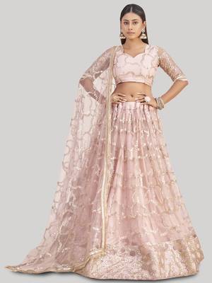 Prominent Pastel Pink Sequins Embroidery Net Lehenga Choli 1
