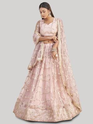 Prominent Pastel Pink Sequins Embroidery Net Lehenga Choli 2