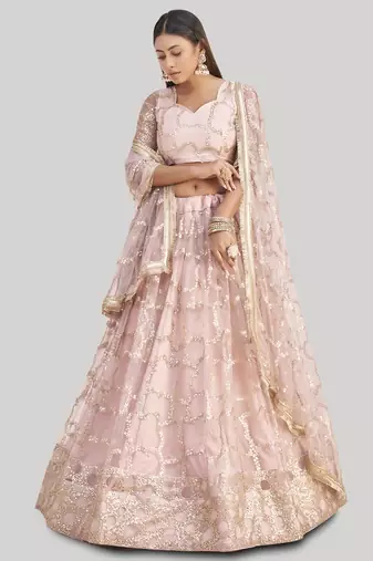Prominent Pastel Pink Sequins Embroidery Net Lehenga Choli