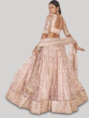 Prominent Pastel Pink Sequins Embroidery Net Lehenga Choli 3