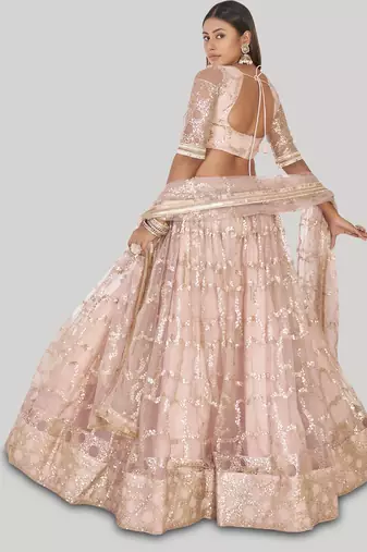 Prominent Pastel Pink Sequins Embroidery Net Lehenga Choli