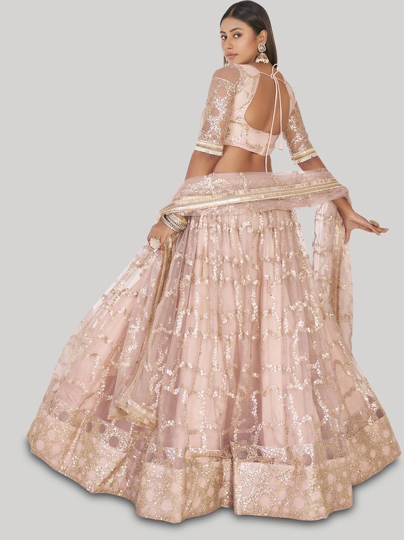 Prominent Pastel Pink Sequins Embroidery Net Lehenga Choli