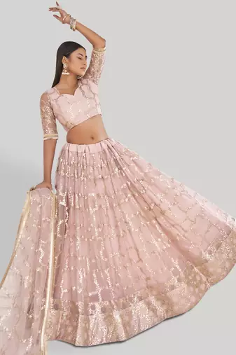Prominent Pastel Pink Sequins Embroidery Net Lehenga Choli