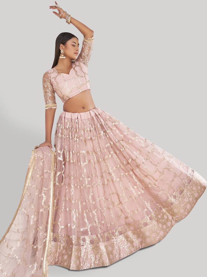 Prominent Pastel Pink Sequins Embroidery Net Lehenga Choli