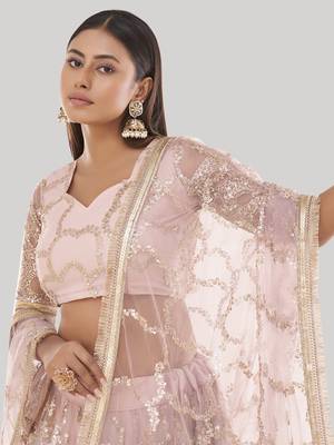 Prominent Pastel Pink Sequins Embroidery Net Lehenga Choli 5