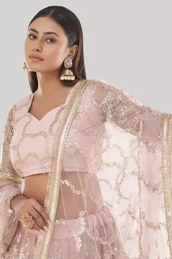 Prominent Pastel Pink Sequins Embroidery Net Lehenga Choli
