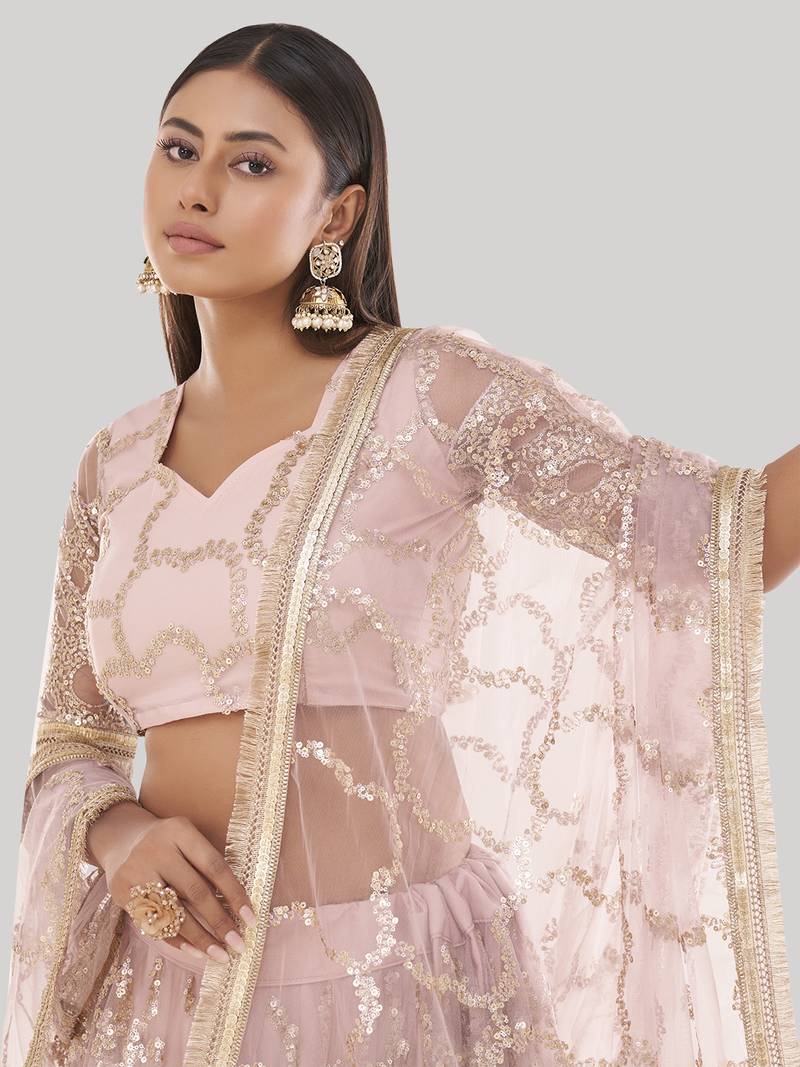 Prominent Pastel Pink Sequins Embroidery Net Lehenga Choli