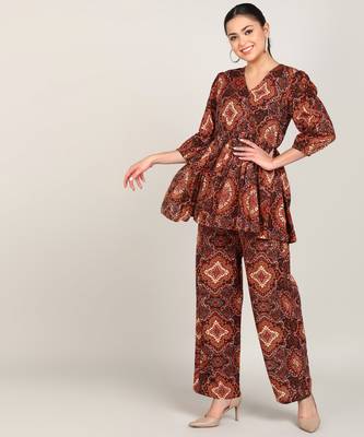 Vahson women cotton printed western co-ords set brown 1