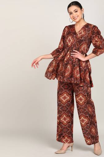 Vahson women cotton printed western co-ords set brown