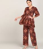 Vahson women cotton printed western co-ords set brown