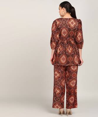 Vahson women cotton printed western co-ords set brown 2