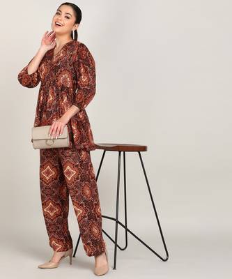 Vahson women cotton printed western co-ords set brown 5