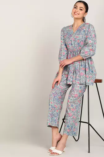 Vahson women rayon & cotton printed western co-ords set grey