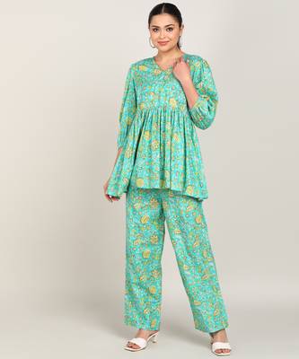 Vahson women rayon & cotton printed western co-ords set green 1