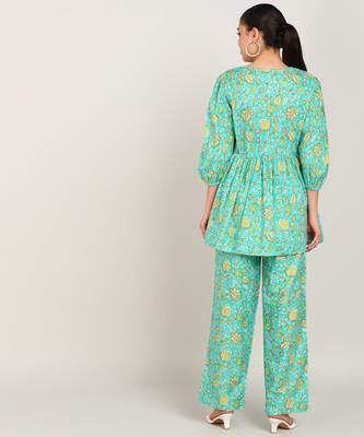 Vahson women rayon & cotton printed western co-ords set green 2