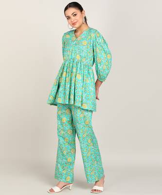 Vahson women rayon & cotton printed western co-ords set green 5