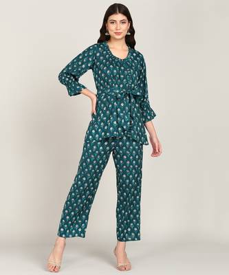 Vahson women printed rayon top & trousers co-ords set blue 1