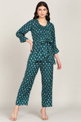 Vahson women printed rayon top & trousers co-ords set blue