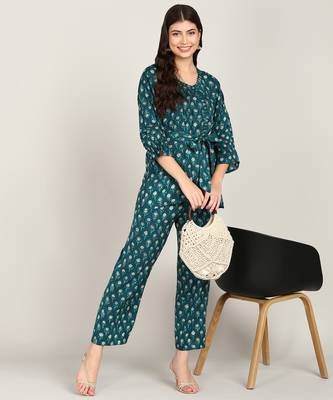 Vahson women printed rayon top & trousers co-ords set blue 5