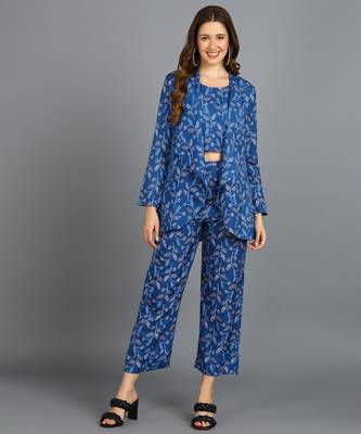  printed polyester three piece blazer co-ord set blue 1