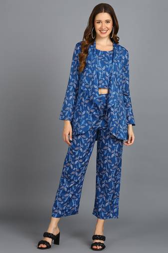 Vahson women printed polyester three piece blazer co-ord set blue