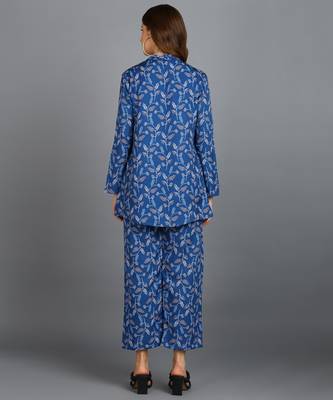  printed polyester three piece blazer co-ord set blue 2