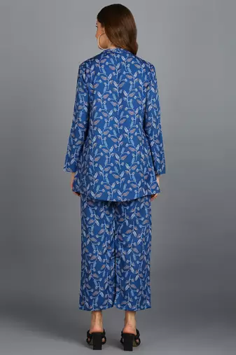  printed polyester three piece blazer co-ord set blue