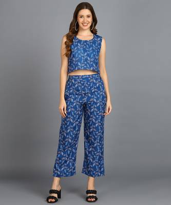  printed polyester three piece blazer co-ord set blue 3