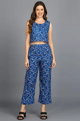  printed polyester three piece blazer co-ord set blue