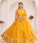Graceful Mustard Yellow Thread Embroidery Net Lehenga Choli
