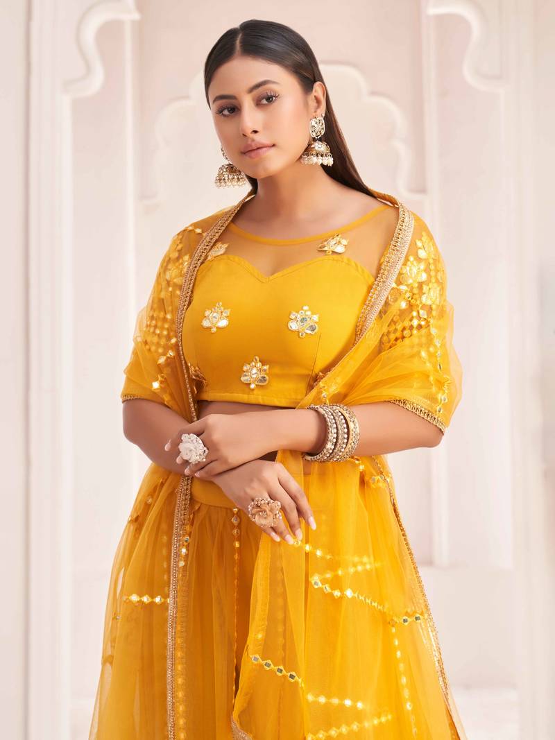 Graceful Mustard Yellow Thread Embroidery Net Lehenga Choli