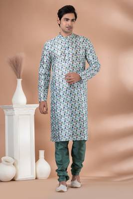 Mono Fabric with Digital Print & crochet work Kurta Pyjama Set. 1