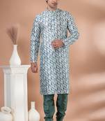 Mono Fabric with Digital Print & crochet work Kurta Pyjama Set.