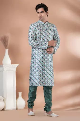 Mono Fabric with Digital Print & crochet work Kurta Pyjama Set.