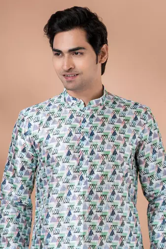 Mono Fabric with Digital Print & crochet work Kurta Pyjama Set.