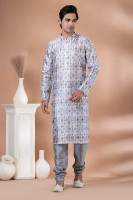 Mono Fabric with Digital Print & crochet work Kurta Pyjama Set. 1