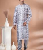 Mono Fabric with Digital Print & crochet work Kurta Pyjama Set.