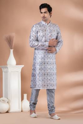Mono Fabric with Digital Print & crochet work Kurta Pyjama Set. 2