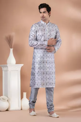 Mono Fabric with Digital Print & crochet work Kurta Pyjama Set.