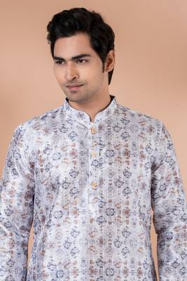 Mono Fabric with Digital Print & crochet work Kurta Pyjama Set. 3