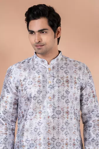 Mono Fabric with Digital Print & crochet work Kurta Pyjama Set.