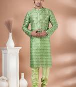Mono Fabric with Digital Print & crochet work Kurta Pyjama Set.