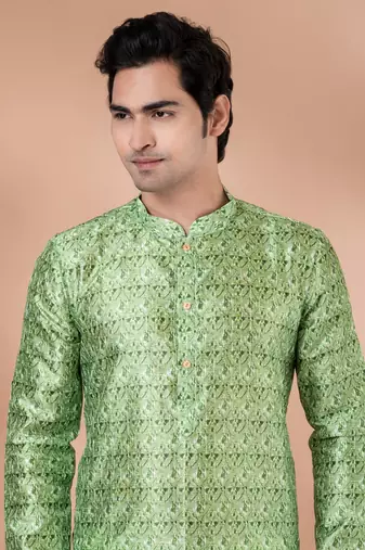 Mono Fabric with Digital Print & crochet work Kurta Pyjama Set.