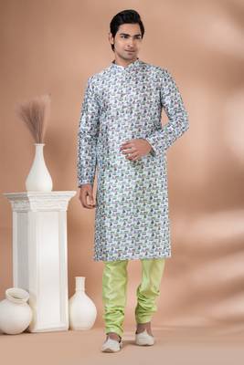 Mono Fabric with Digital Print & crochet work Kurta Pyjama Set. 1