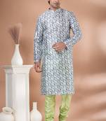 Mono Fabric with Digital Print & crochet work Kurta Pyjama Set.