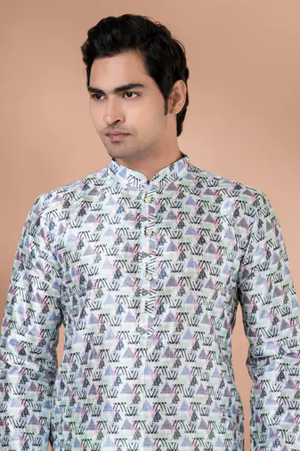 Mono Fabric with Digital Print & crochet work Kurta Pyjama Set.